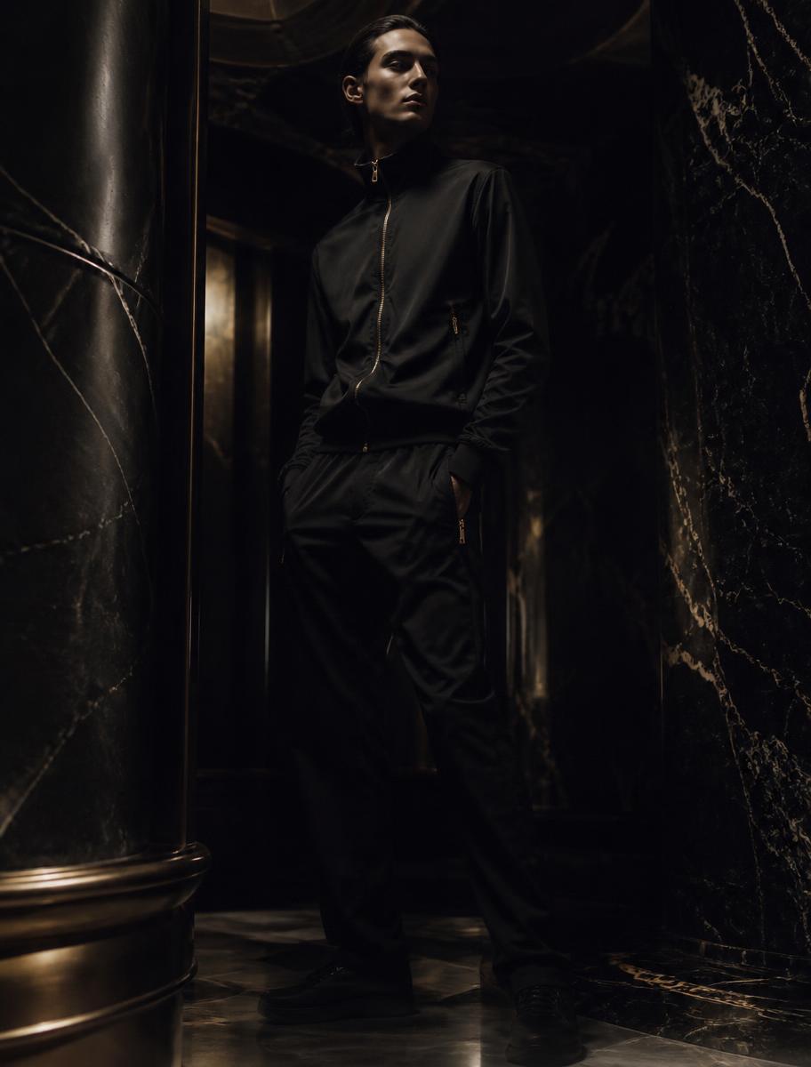 Model wearing a black technical tracking suit with gold hardware