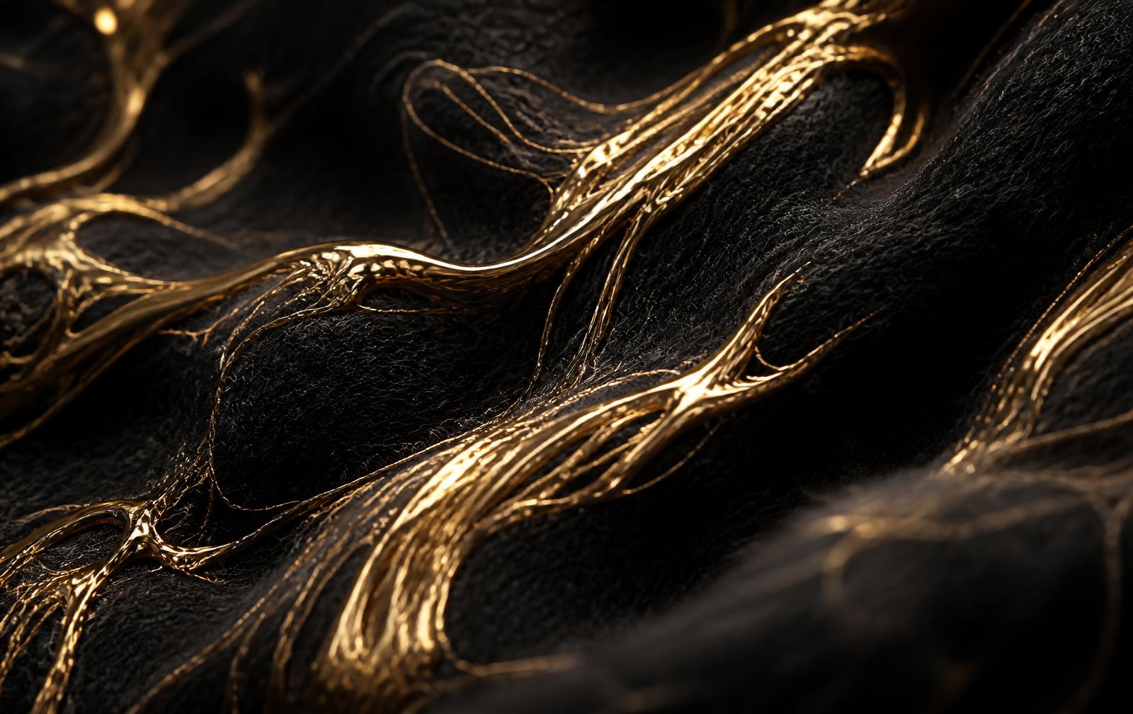 Macro detail of gold thread woven through dark cashmere
