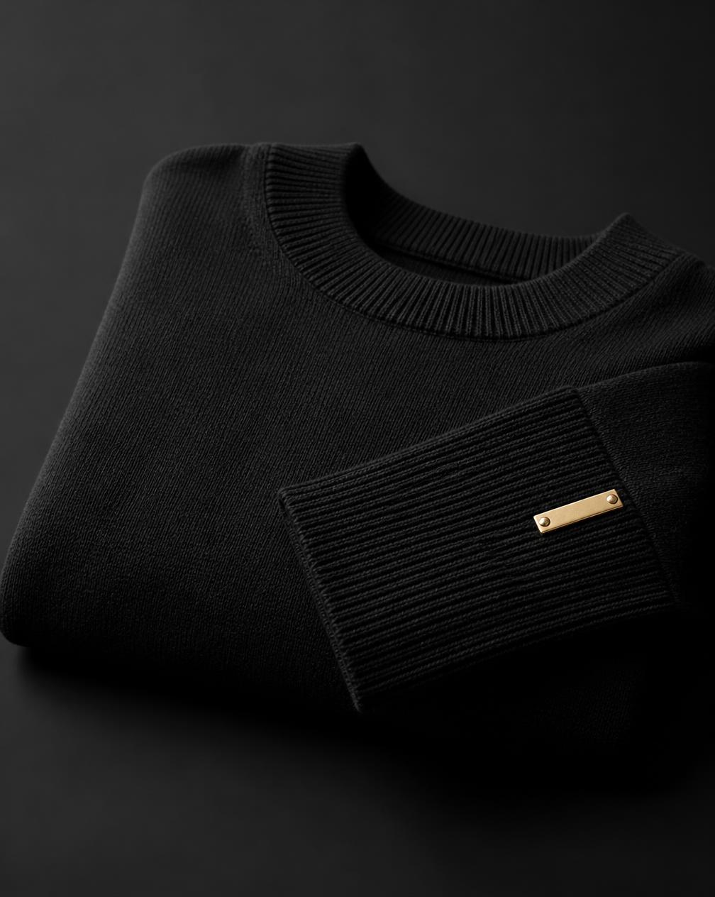 Black cashmere crewneck sweater with a brushed gold cuff plate