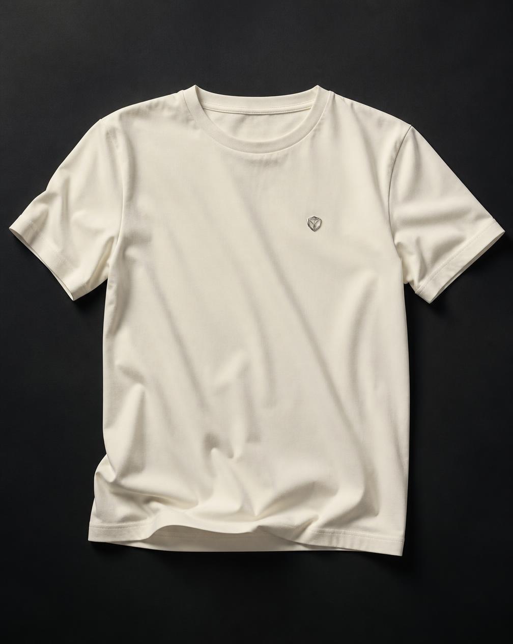 Ivory heavyweight cotton t-shirt with a small polished platinum emblem