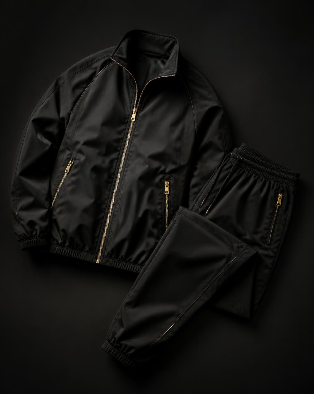 Black technical tracking suit jacket and trousers with gold zip pulls